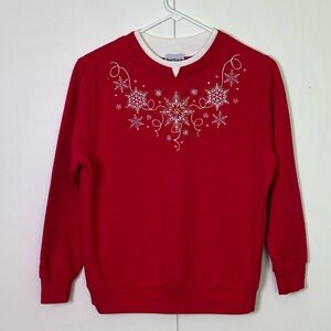 Vintage Bon Worth Red Snowflake Embroidered Sweatshirt - XSP